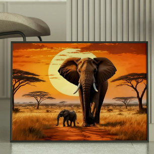 Poster Eléphant doré orange de savane africaine au couche