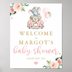 Poster Elephant Drive By Baby Shower Pink Roses Welcome