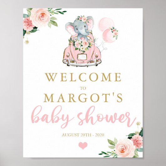 Poster Elephant Drive By Baby Shower Pink Roses Welcome (Devant)