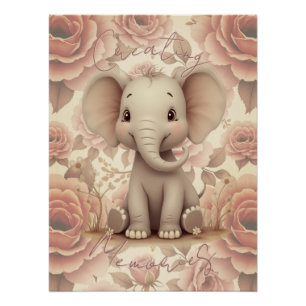 Poster Éléphant et floral au pastel doux