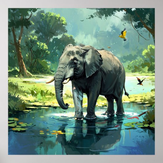 Poster Eléphant Extraordinaire dans la rivière avec peint (Devant)