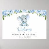 Poster Eléphant, Fleurs Bleues, Bienvenue pour le premier (Devant)