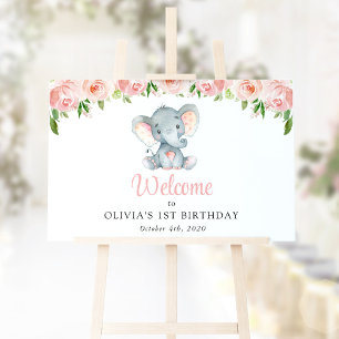 Poster Eléphant, Fleurs Roses, Accueil Premier Anniversai