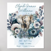 Poster Elephant Floral Baby Boy Nursery Statistiques de n (Devant)