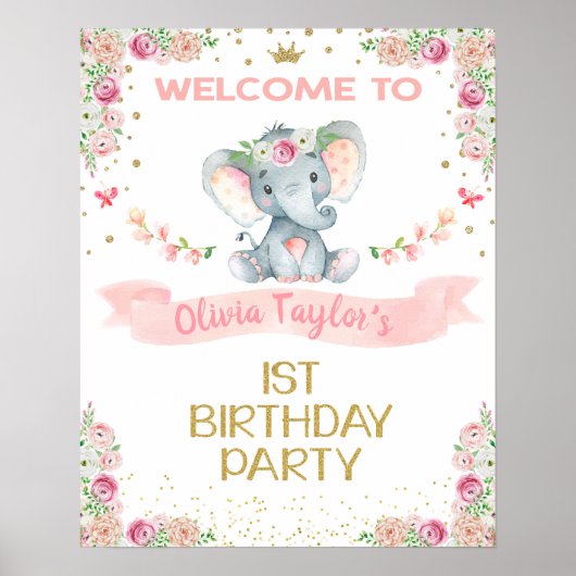 Poster Elephant Floral Premier Anniversaire Panneau de bi (Devant)
