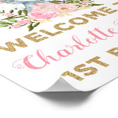 Poster Eléphant floral rose 1er anniversaire Bienvenue (Coin)