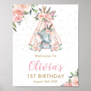 Poster Eléphant floral rose Tribal 1er anniversaire Bienv