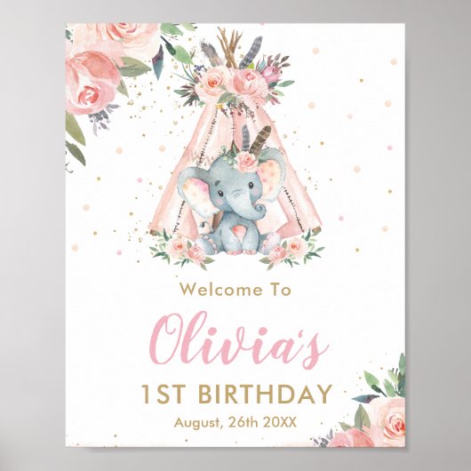 Poster Eléphant floral rose Tribal 1er anniversaire Bienv (Devant)