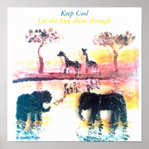 Poster Elephant, Giraffe Safari Sunset Art