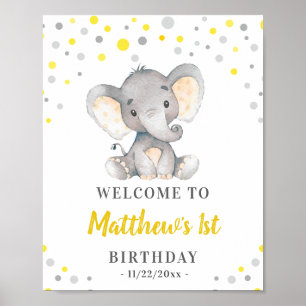 Poster Eléphant gris Jaune Polka Dot Anniversaire Bienven