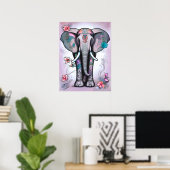 Poster Éléphant indien gris orné de fleurs (Bureau à domicile)