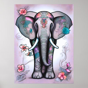 Poster Éléphant indien gris orné de fleurs