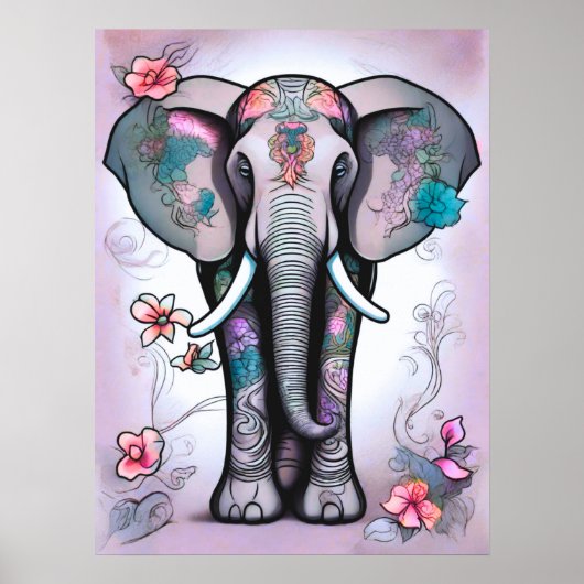 Poster Éléphant indien gris orné de fleurs (Devant)