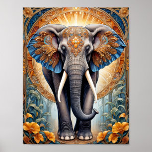 Poster Éléphant indien sacré sur motif ethnique et fleurs