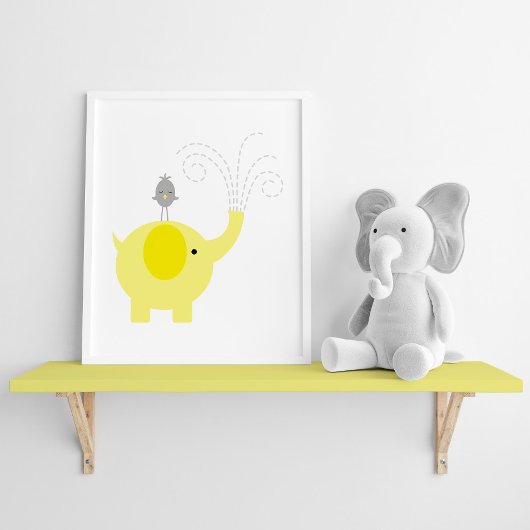 Poster Eléphant jaune et gris et pépinière d'oiseaux