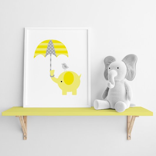 Poster Eléphant jaune et gris et pépinière d'oiseaux