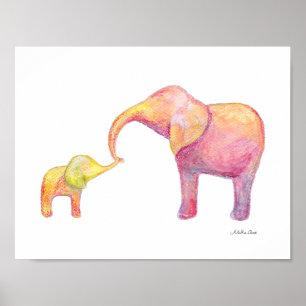 Poster Elephant Maman & Baby Nursery Art Aquarelle Animal