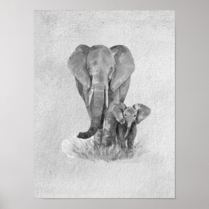 Poster Éléphant mère et bébé noir et blanc  