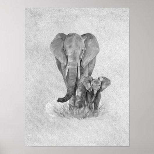 Poster Éléphant mère et bébé noir et blanc   (Devant)