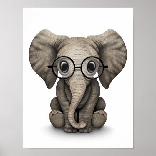 Poster Eléphant mignon bébé avec lunettes de lecture Blan (Devant)