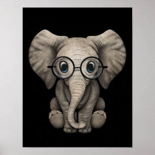 Poster Eléphant mignon bébé avec lunettes de lecture Noir