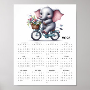 Poster Eléphant mignon chevauchant un vélo 2025 Calendrie