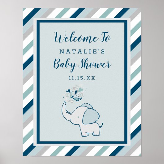 Poster Eléphant mignon dans la marine et le Baby shower d (Devant)