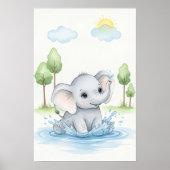 Poster Éléphant Mignon Éclaboussant dans l'Eau (Devant)
