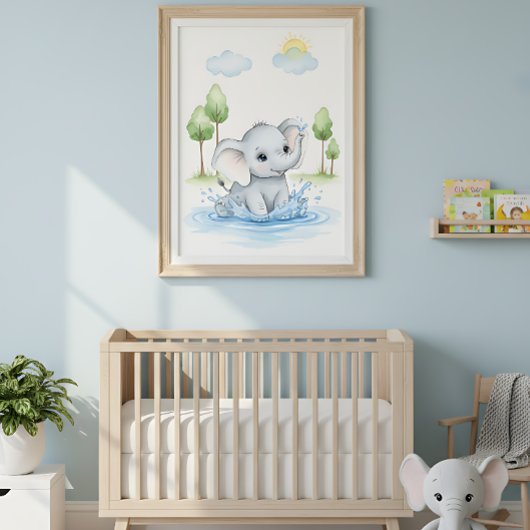 Poster Éléphant Mignon Éclaboussant dans l'Eau