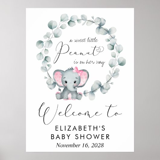 Poster Eléphant mignon Eucalyptus Baby Girl Douche Bienve (Devant)