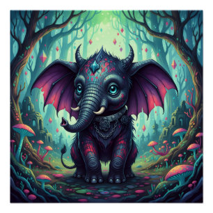 Poster Elephant mystique ailé dans la forêt enchantée