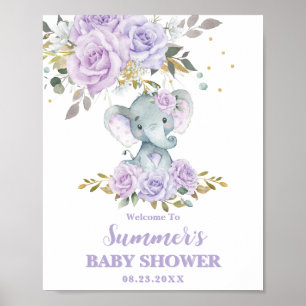 Poster Elephant Purple Lilac Baby shower Floral Bienvenue