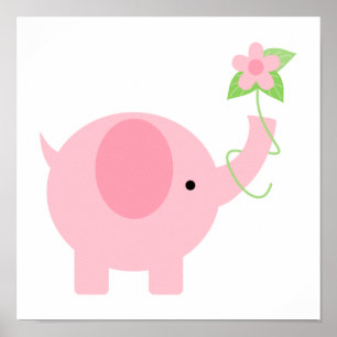 Poster Éléphant Rose Adorable avec des Fleurs