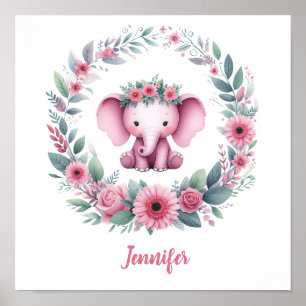 Poster Éléphant rose avec couronne florale