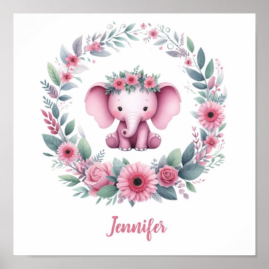 Poster Éléphant rose avec couronne florale (Devant)