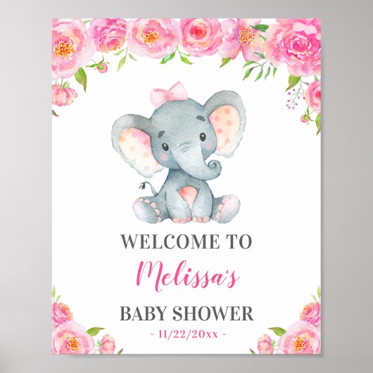 Poster Elephant rose fille Baby shower saupoudrer bienven (Devant)