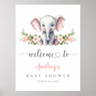 Poster Elephant rose Floral Baby Girl Douche Bienvenue