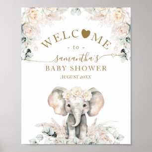 Poster Eléphant Roses Blanches Boho Pampas Baby Girl Douc