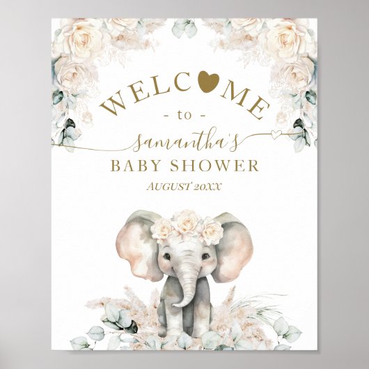 Poster Eléphant Roses Blanches Boho Pampas Baby Girl Douc (Devant)
