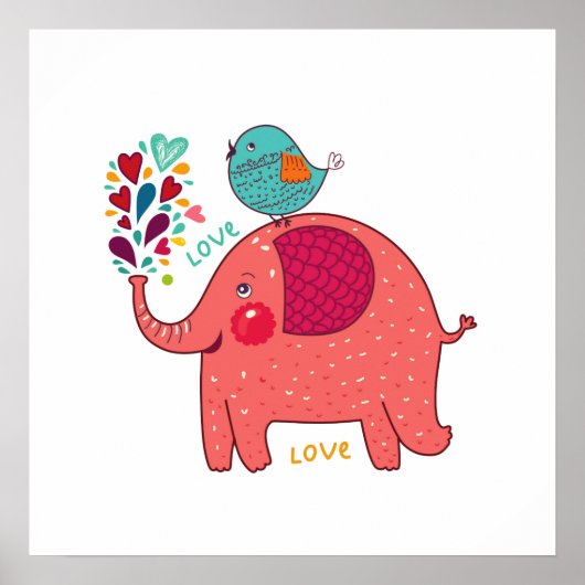 Poster Eléphant Rouge Et Oiseau (Devant)