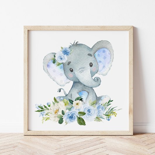 Poster Éléphant, Safari, Fleurs Bleues, Garçon Chambre de