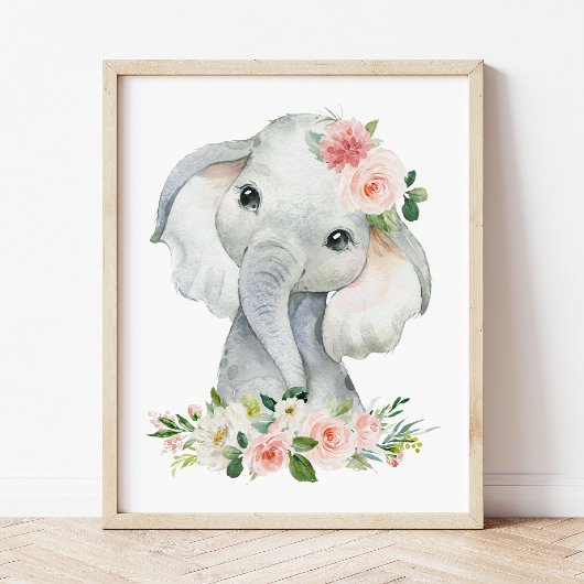 Poster Elephant, Safari, Fleurs roses, Pépinière