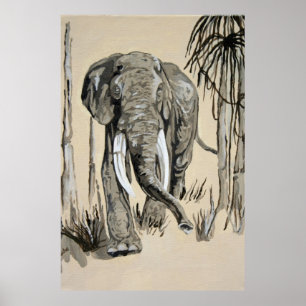 Poster Eléphant Se Promenant À Travers L'Art De La Savane