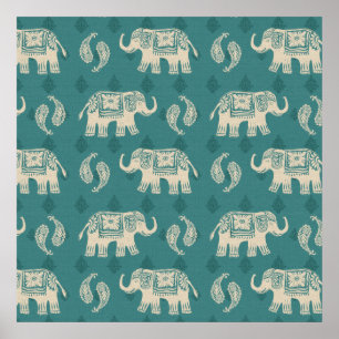 Poster Elephant Teal Caravan Pattern