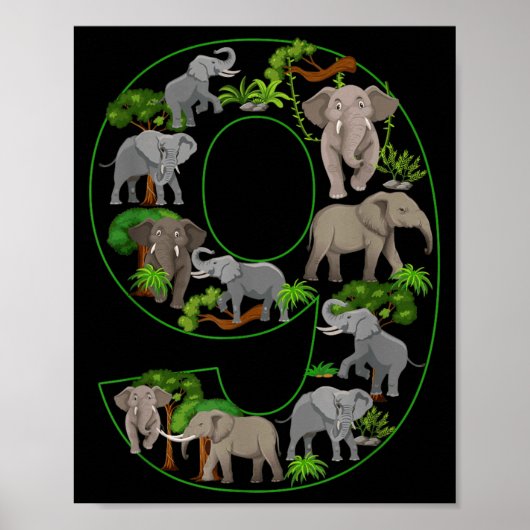 Poster Éléphant Thème Anniversaire 9 Ans Enfants 9 Ans (Devant)