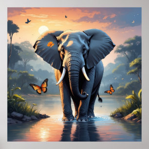 Poster Eléphant unique au coucher du soleil avec papillon