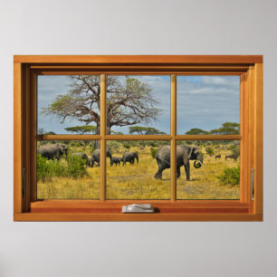Poster Eléphants Africains 6 Volet Fenêtre en Bois Illusi