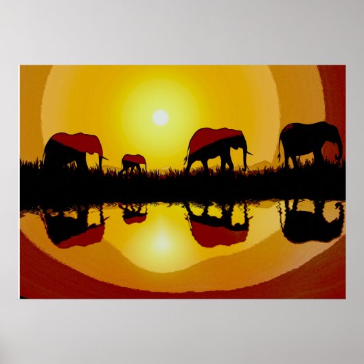 Poster Eléphants africains couchés de soleil (Devant)