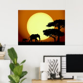 Poster Eléphants au coucher du soleil (Bureau à domicile)