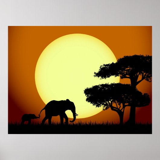 Poster Eléphants au coucher du soleil (Devant)